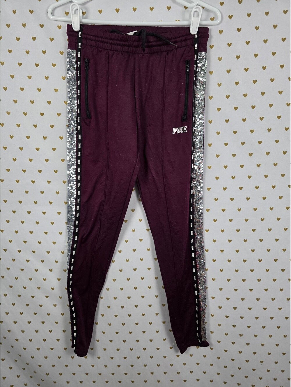 Victorias Secret PINK BLING side Track Pants Maroon Flawed Sequined XS